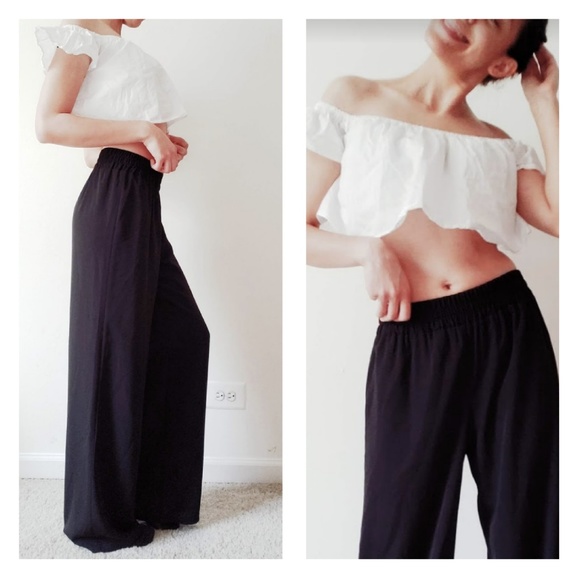 Black Wide Leg Pants Small - Elastic waist - Picture 2 of 6